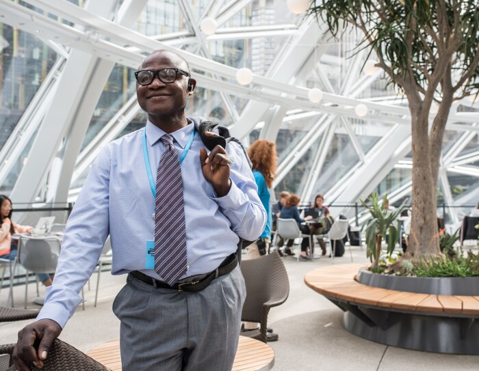 Francis Mensah, fulfilment centre employee at Amazon in Hemel Hempstead, pictured in the Amazon Spheres in Seattle