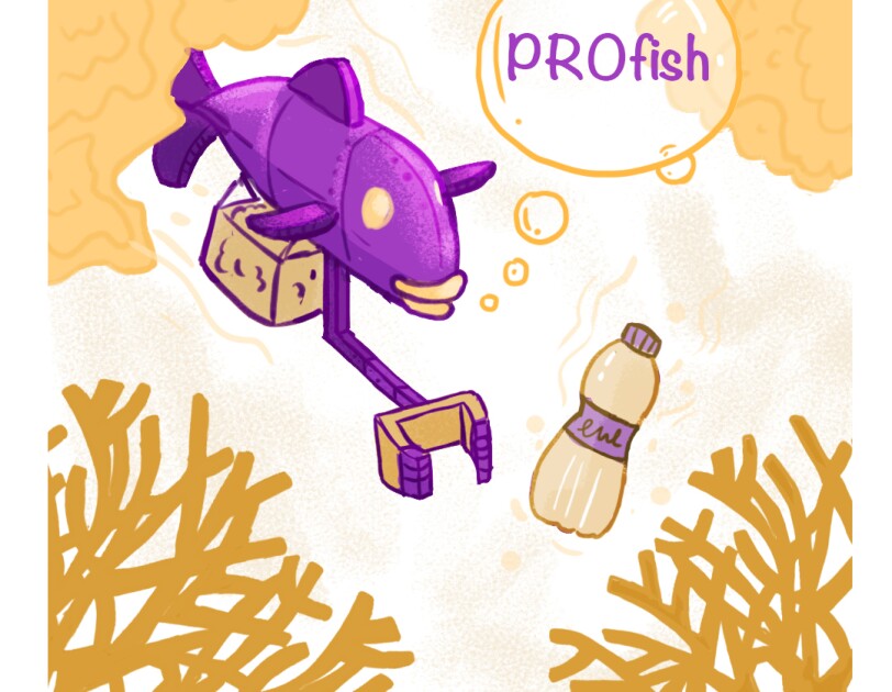 A sketch in purple and orange robotic fish for an Amazon competition entry