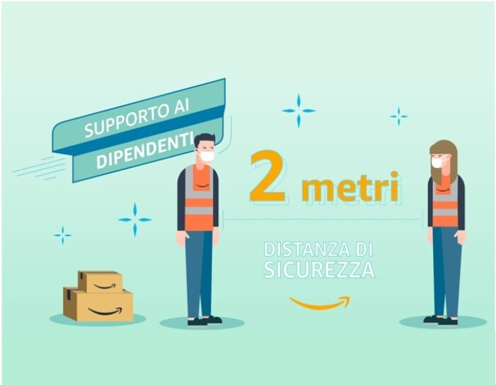 Illustrazione di un uomo e una donna che indossano un giubbino catarinfrangente con il logo Amazon e una mascherina sul volto. Sono separati da una scritta che recita '2 metri, distanza di sicurezza'. Sulla destra ci sono due scatole con il logo Amazon.