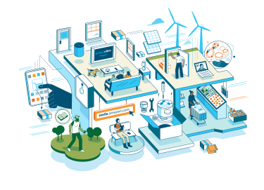 An illustration depicts Amazon customers enjoying Amazon Prime, Amazon devices, Whole Foods Market shopping, AWS technologies, Amazon books, and shopping on smile.amazon.com.