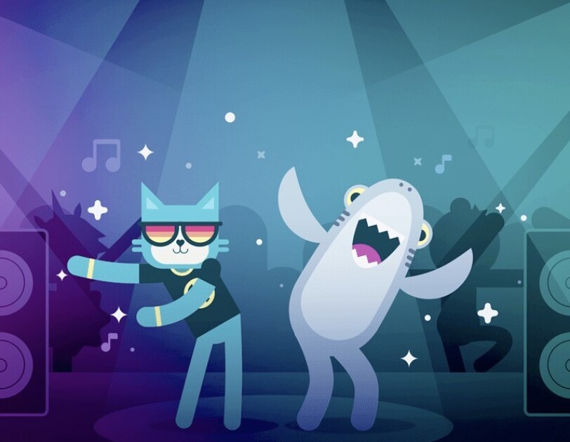 Blue picture of a cartoon shark and cat for Amazon coding class Dance Party