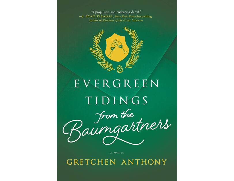 A yellow crest showing two champagne glasses toasting, surrounded by evergreen boughs and a a pinecone, on a forest green zoomed-in envelope. The title is written in white, with the author's name in yellow.