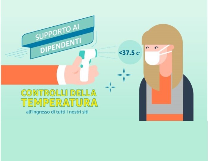 Sulla destra illustrazione di una donna con la mascherina sul volto che si lascia misurare la temperatura con un termometro a distanza. Il termometro segnala che la temperatura è inferiore a 37.5°. Sulla sinistra una scritta recita 'Controlli della temperatura all'ingresso di tutti i nostri siti'