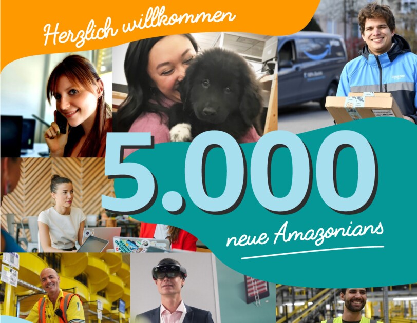 Collage mit verschiedenen Amaon Mitarbeiter:innen.