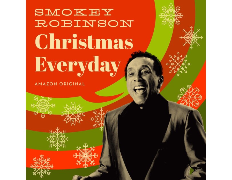 Smokey Robinson album cover, with Smokey, in black and white, appearing to be singing. A red speech bubble is coming out of his mouth, and says "Smokey Robinson, Christmas Everyday." Behind him are red and green concentric circles, with snowflakes overlaid on the circles.