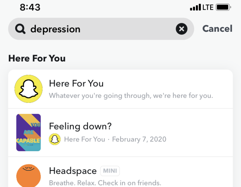 A screenshot of a search for "depression" on Snapchat that provides results with coping resources from their new "Here For You" feature.