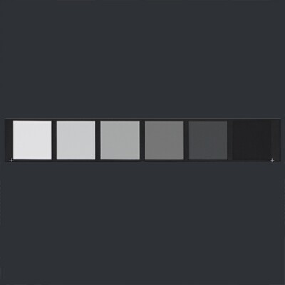 Six squares in shades of gray arranged horizontally against a dark gray background. As the squares go from left to right, they get darker.