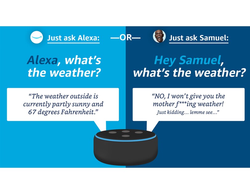A graphic showing an Amazon Echo device responding to a question about the weather in both the Alexa and Samuel L. Jackson voices.