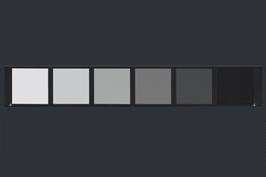 Six squares in shades of gray arranged horizontally against a dark gray background. As the squares go from left to right, they get darker.