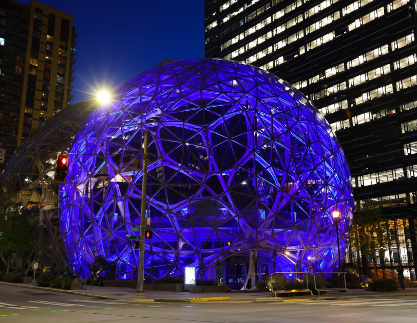 One of the Amazon Spheres is light in blue to support front line workers.