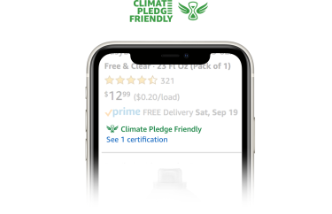 Mobile phone displays Climate Pledge Friendly interface on left-hand side; Climate Pledge Friendly logo on right-hand side.