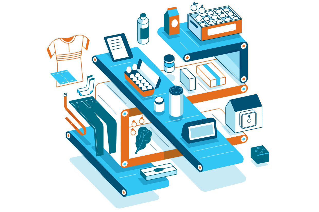 Illustration of various Amazon products, including clothing, devices, food, and house hold products.