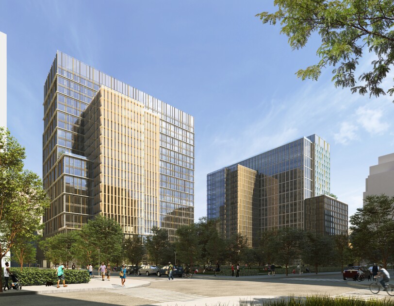 A rendering of the new Amazon buildings to be built in Arlington, Virginia. The image shows the building, as well as the green space that connects the two buildings.