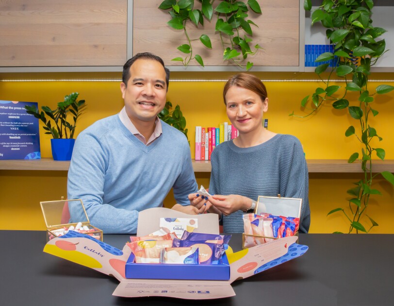 Thang Vo-Ta, CEO and co-founder at Callaly holding period products with colleague