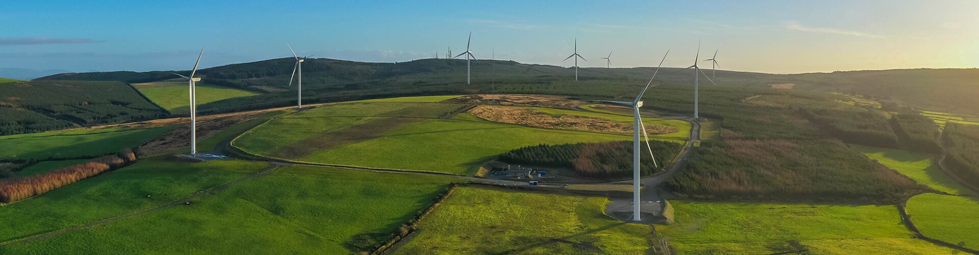 An image of a wind farm in a green field with windmills around it.