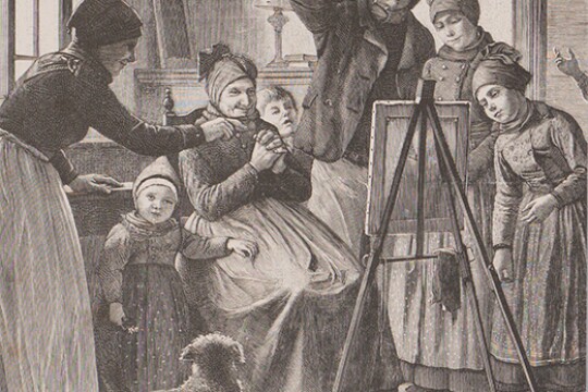 An etching shows a group of adults and children gathered around an easel holding an unseen painting. There is a small dog at the people's feet.