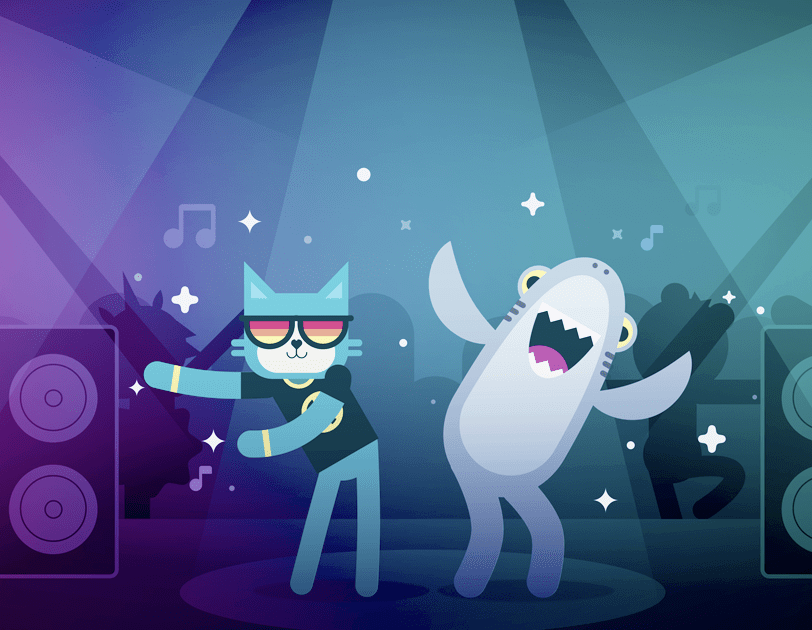 Des personnages de dessins animés, un chat et un requin, dansent au rythme de la musique.