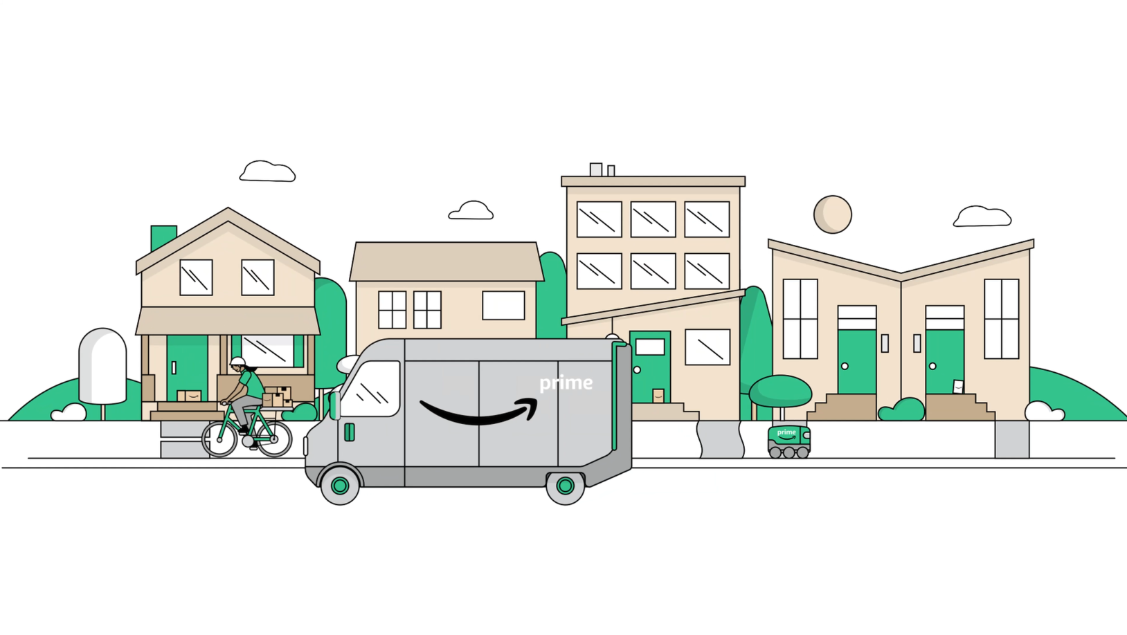 Illustration of Amazon Prime delivery vehicle in front of homes and cyclist.