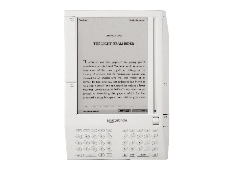 An image of the original Amazon Kindle in white.