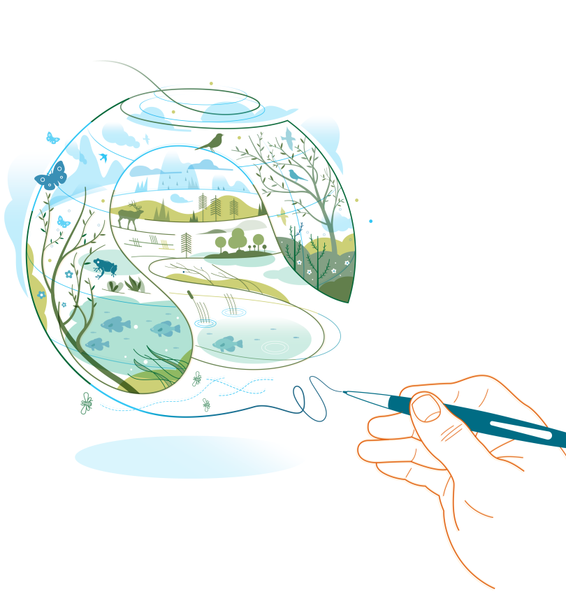 Climate Pledge illustration of a hand drawing an image of a healthy, green planet.