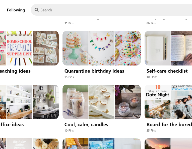 Pinterest's "Stay Safe. Stay Inspired" board to help pinners find things to do while social distancing.