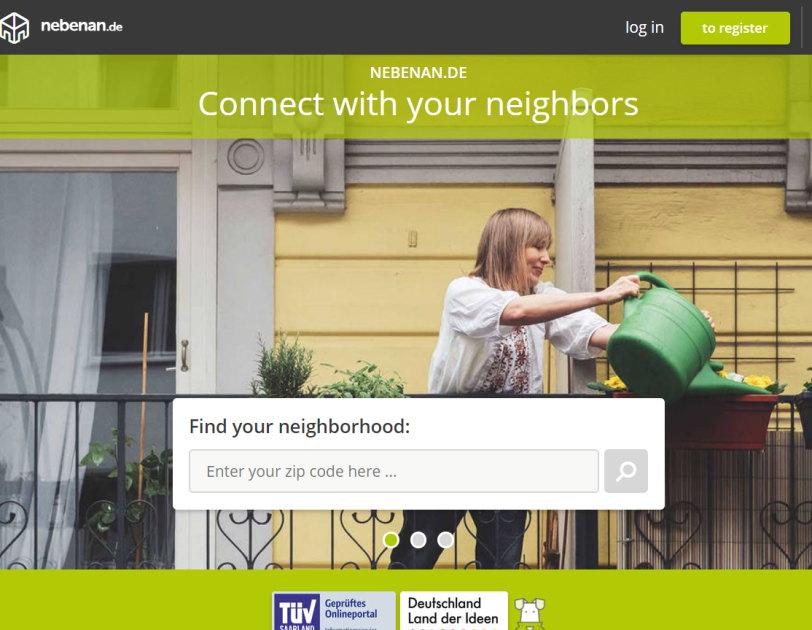 Screenshot of Nebenan.de's homepage where you can search your neighborhood to find opportunities to connect with and help your neighbors during the COVID- pandemic.