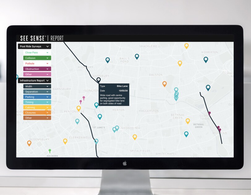 Dashboard of data for See Sense showing locations on a map in different colours