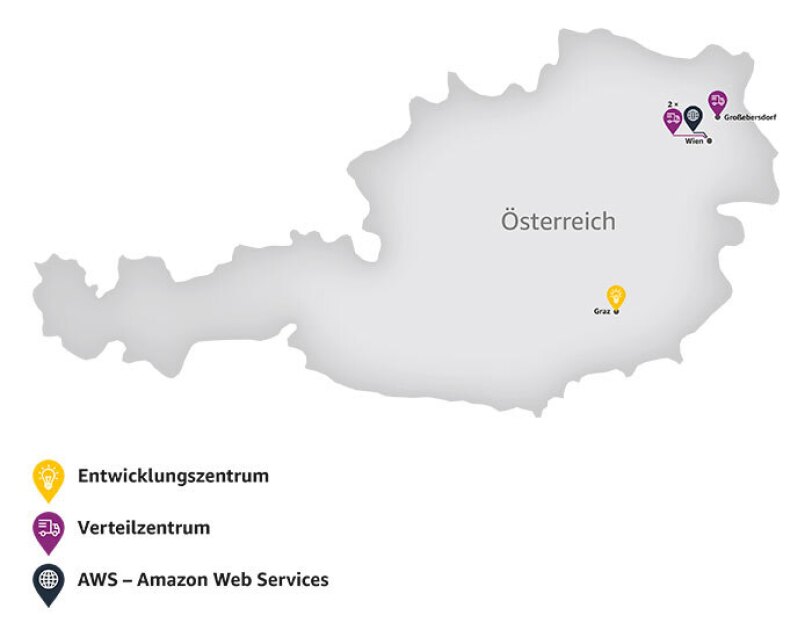 Die Grafik zeigt die Österreichkarte. Auf dieser sind Amazon-Standorte eingezeichnet: Entwicklungszentren, Verteilzentren und AWS-Standorte.