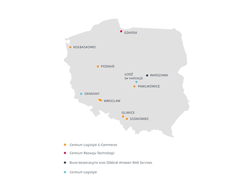 Mapa Polski, na której naniesiono obiekty Amazon w kraju.