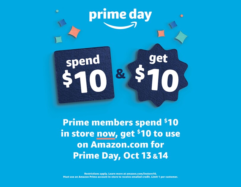 A graphic illustrating the Prime Day Spend $10, Get $10 offer available Oct 13 and 14