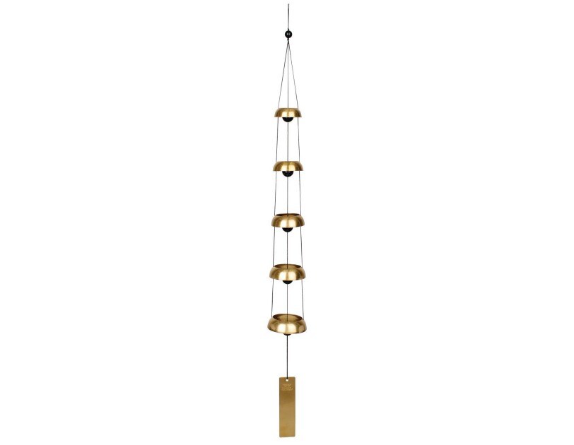 Temple bells wind chime with a brass weight at the bottom, and five circular levels, growing shorter as they get closer to the top.