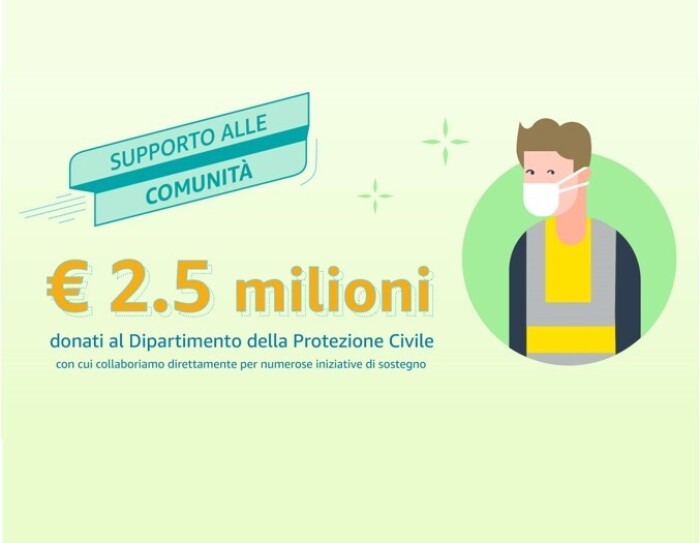 A destra, illustrazione di un uomo che indossa un giubbino catarinfrangente giallo e una mascherina bianca sul volto. A sinistra, una scritta recita '2.5 milioni donati al Dipartimento della Protezione Civile con cui collaboriamo direttamente per numerose iniziative di sostegno'.