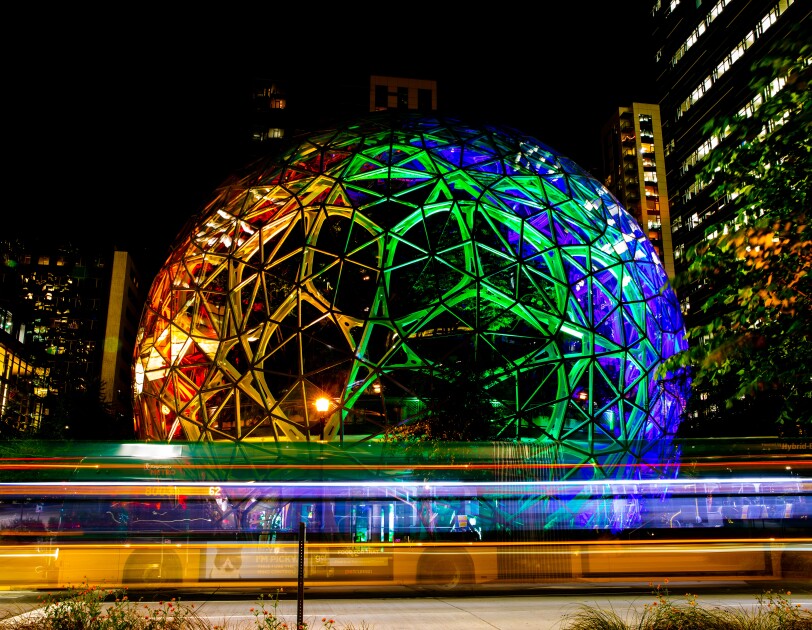 Amazon Spheres with rainbow colors to celebrate Pride
