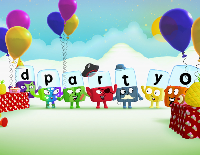 Cartoon characters from Aardman Alphablocks spelling out the word 'party'.