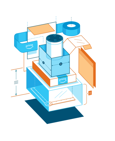 Illustration of the different elements of a package surrounding an Alexa device.