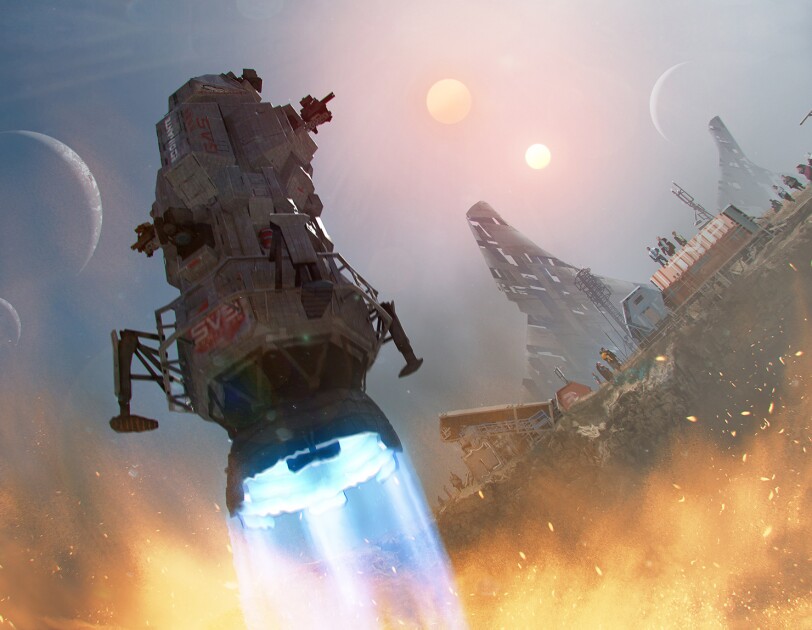 Concept art from The Expanse, showing a key component of the show, the Rocinante, landing.