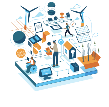 Illustration of multiple Amazon devices and customers using them.