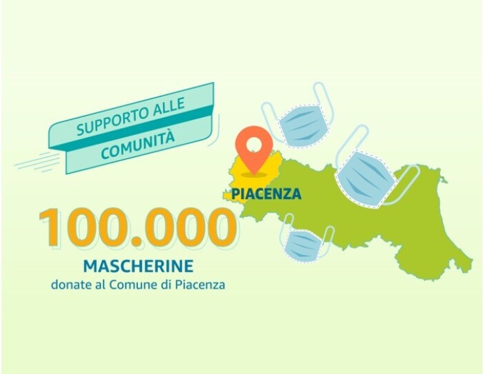 Illustrazione della Regione Emilia Romagna con disegni di 3 mascherine. Sulla sinistra, una scritta recita: '100.000 mascherine donate al Comune di Piacenza'