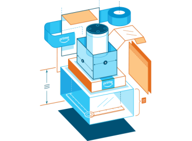 Graphic of the different elements of a package surrounding an Alexa device.