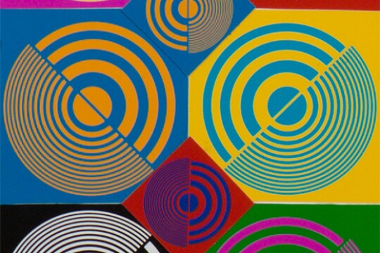 Squares of different colors are overlayed with concentric half circles in contrasting colors.