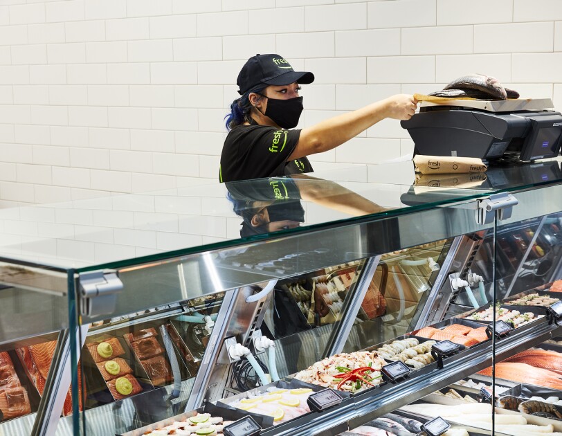 Food inside an Amazon Fresh grocery store in Woodland Hills, California.