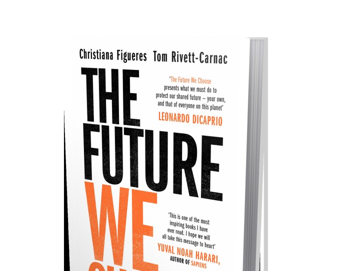 Portada del libro The Future We Choose, la primera parte está en color negro y la segunda en color naranja.