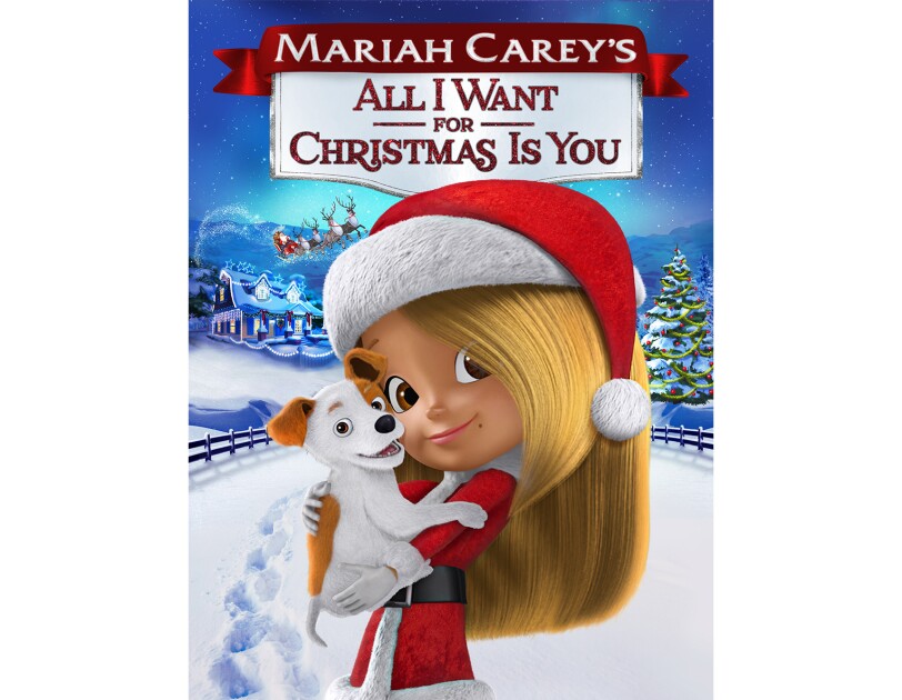 Artwork for "Mariah Carey's All I want for Christmas is you" animated movie, showing a young girl in a santa hat and outfit, holding a puppy.