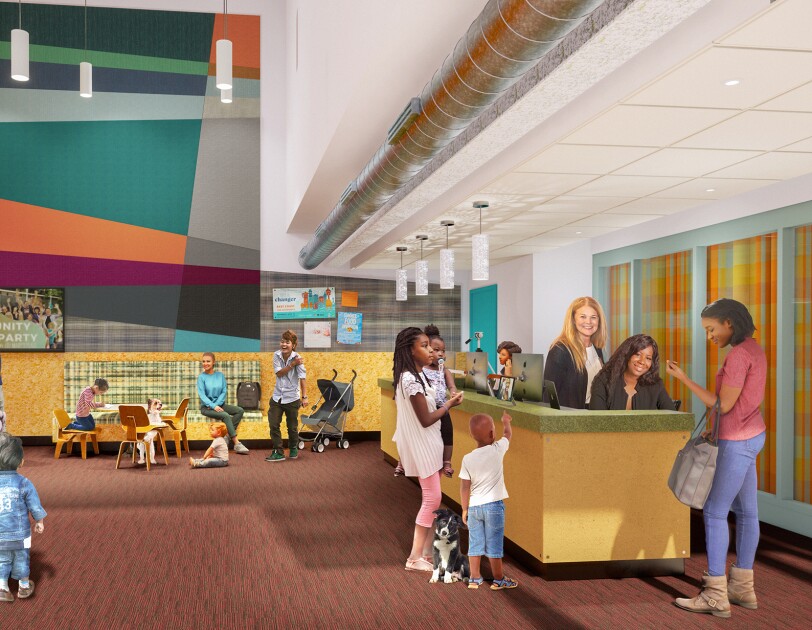 Rendu du nouveau Mary's Place Family Center dans le Regrade, sur le campus d'Amazon à Seattle.