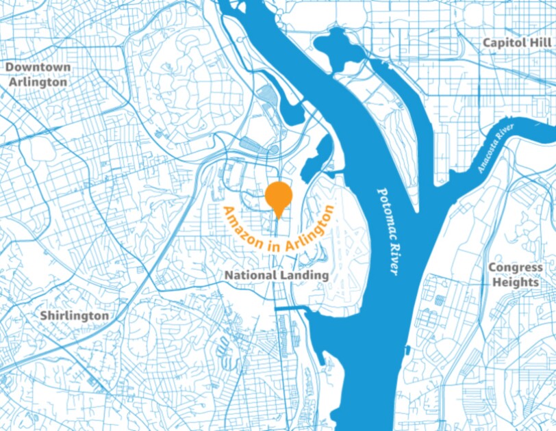 Map of the Arlington area with a pin placed to illustrate the location of a new Amazon headquarters.