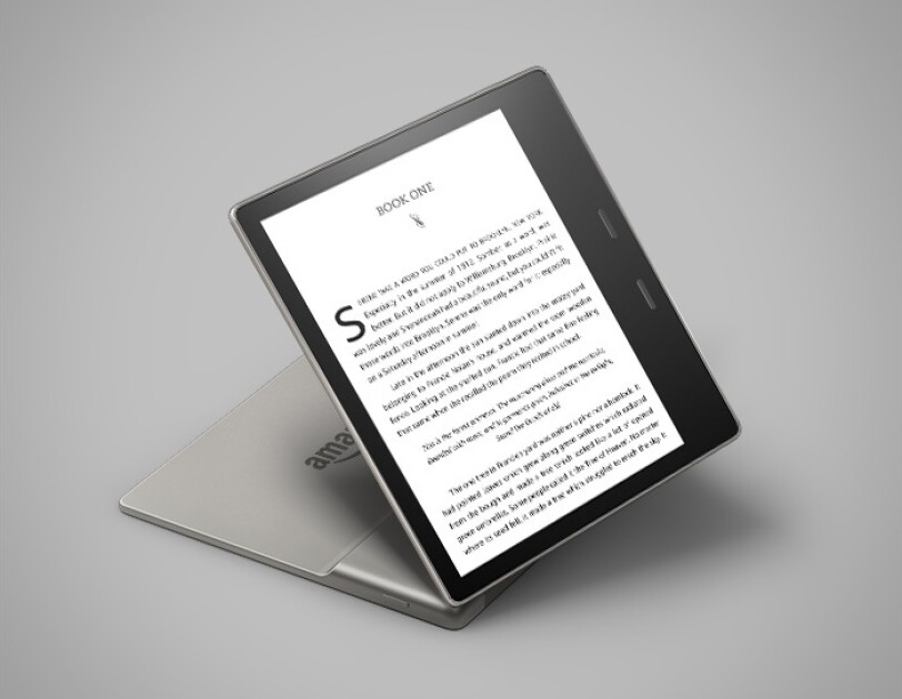 All-new Kindle Oasis device on a gray background.