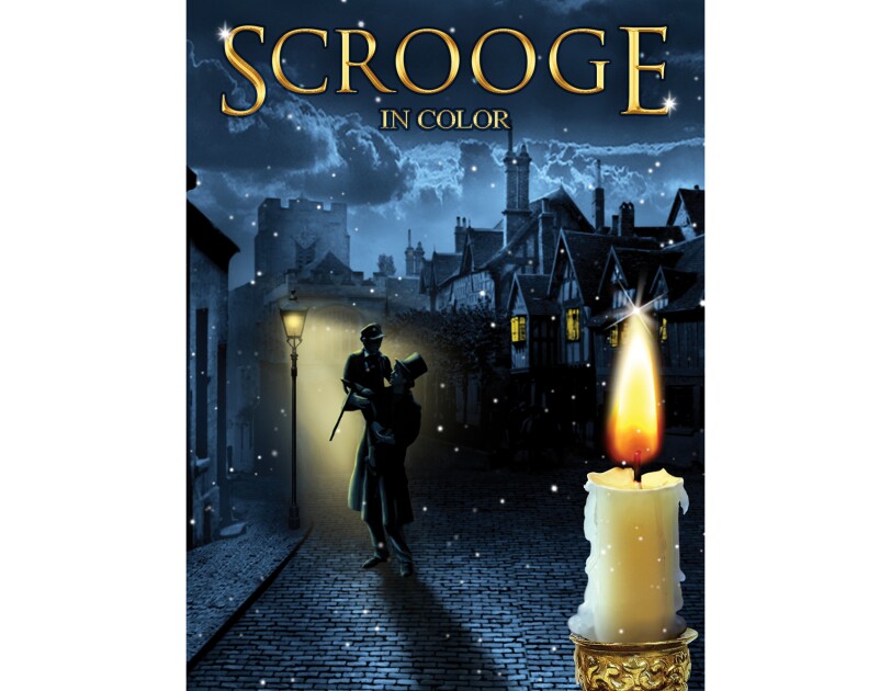 Cover art for "Scrooge" in color - a man stands on a brick road lifts a boy up in the air, in front of an old street light. behind him, is a city. In the foreground, a candle that's burned most of the way down.