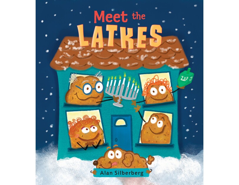 Meet the Latkes holiday book shows a house under a light dusting of snow. In each of the four windows is a latke with a face and smile. The two in the second floor windows hold a menorah and a dreidel. In front of the house is a dog latke.