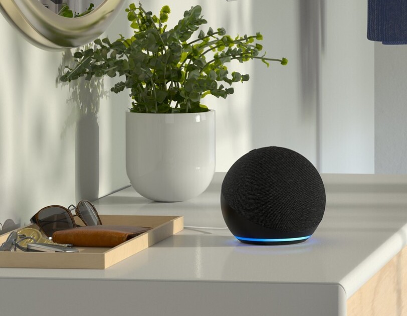 The Amazon Echo Dot on a counter next to a plant and a tray containing sunglasses, a wallet and keys.
