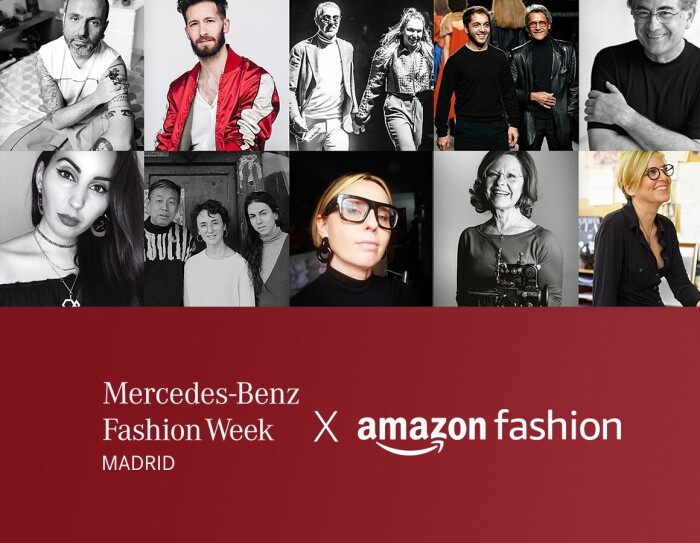 El texto de la foto en blanco es el siguiente: Mercedes-Benz Fashion Week Madrid X Amazon Fashion, La imagen es rectangular. En la mitad superior hay 10 imágenes en forma de rectángulo de diseñadores de moda. Y en la parte inferior y en un fondo rojo, el texto especificado en blanco.
